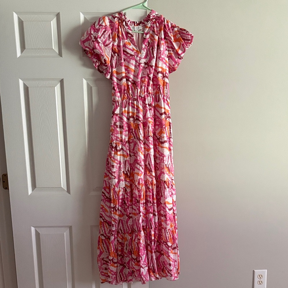 Bright Pink & Orange Printed Midi Dress - Women's small